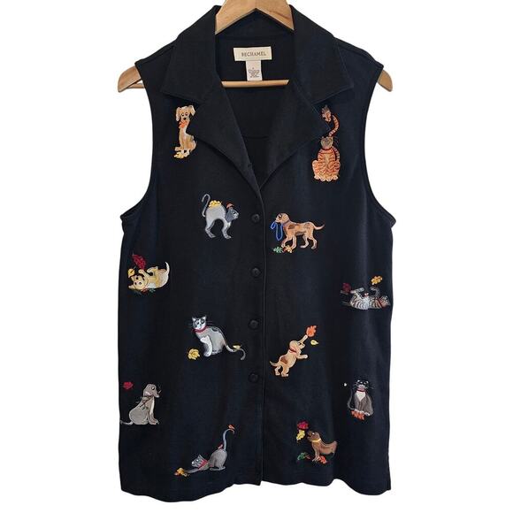 Vintage Bechamel Cat Dog Top Women Large Black Embroidered Sleeveless Pets Retro - Picture 1 of 10